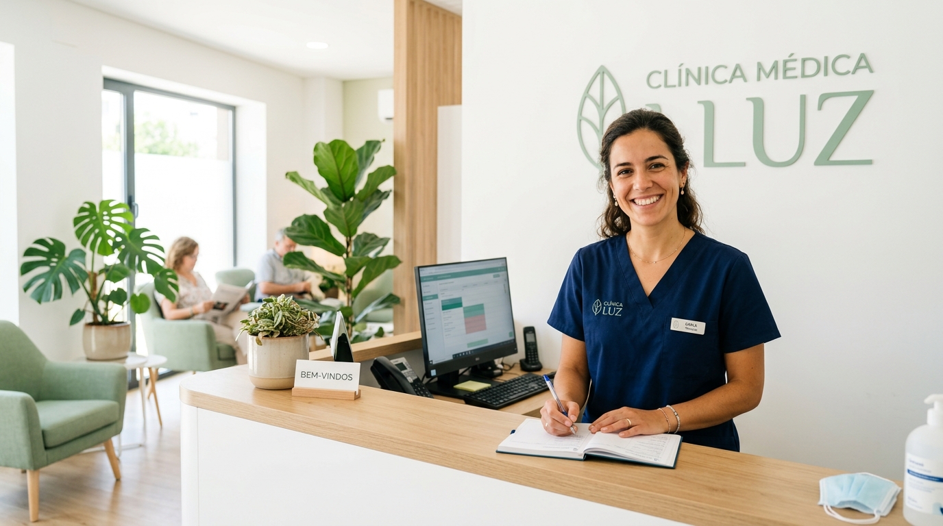 Fotografia de uma rececionista simpática num consultório médico moderno e luminoso, com decoração clean em tons de branco e verde suave, transmitindo acolhimento e profissionalismo