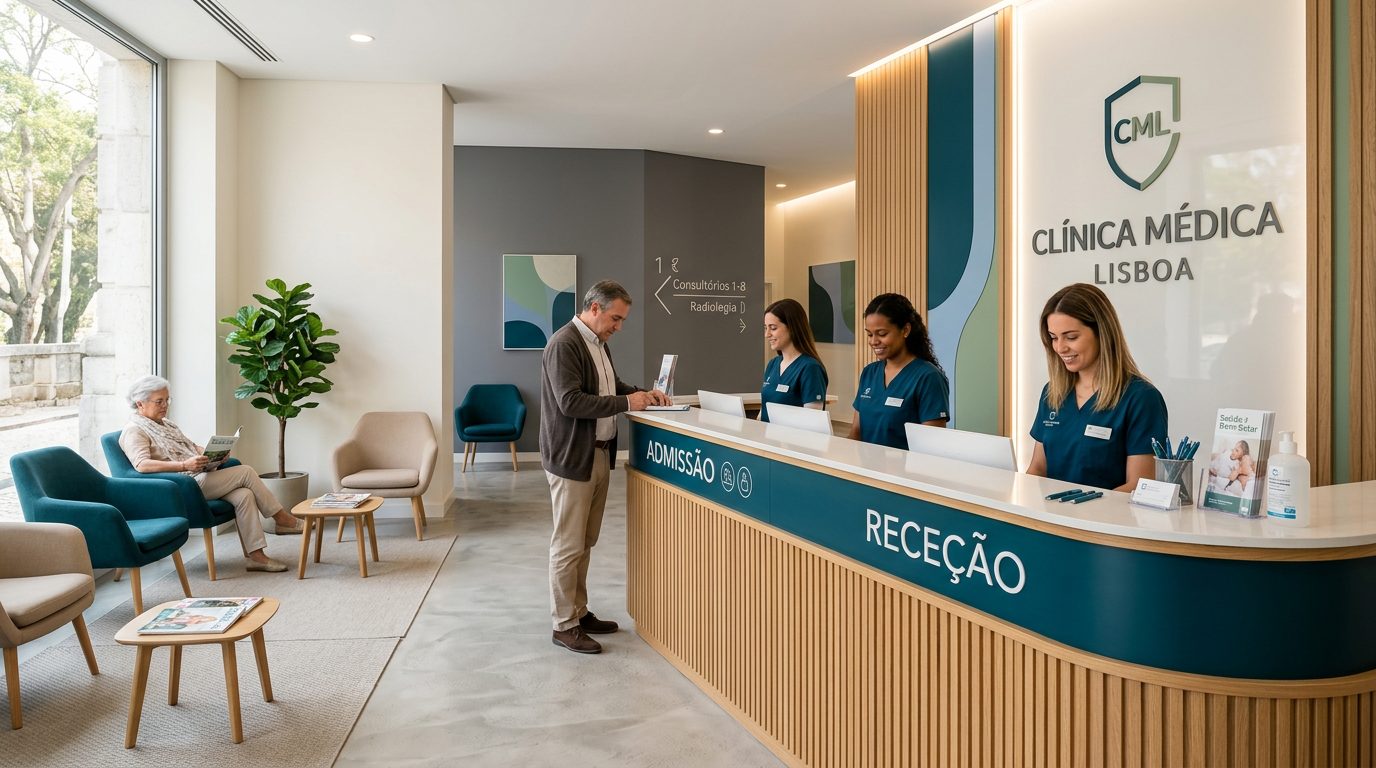 Fotografia de uma receção de clínica médica moderna e elegante, com paleta de cores institucionais visível nas paredes, sinalética e balcão de atendimento, transmitindo profissionalismo, limpeza e acolhimento
