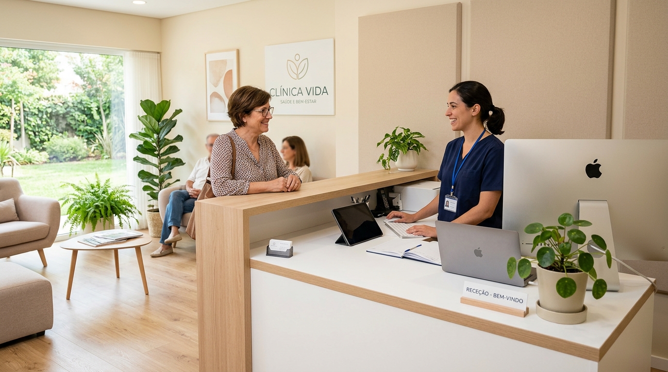 Fotografia de uma receção moderna de clínica médica, com luz natural, balcão organizado, ambiente acolhedor e paciente a ser atendido com atenção pela recepcionista