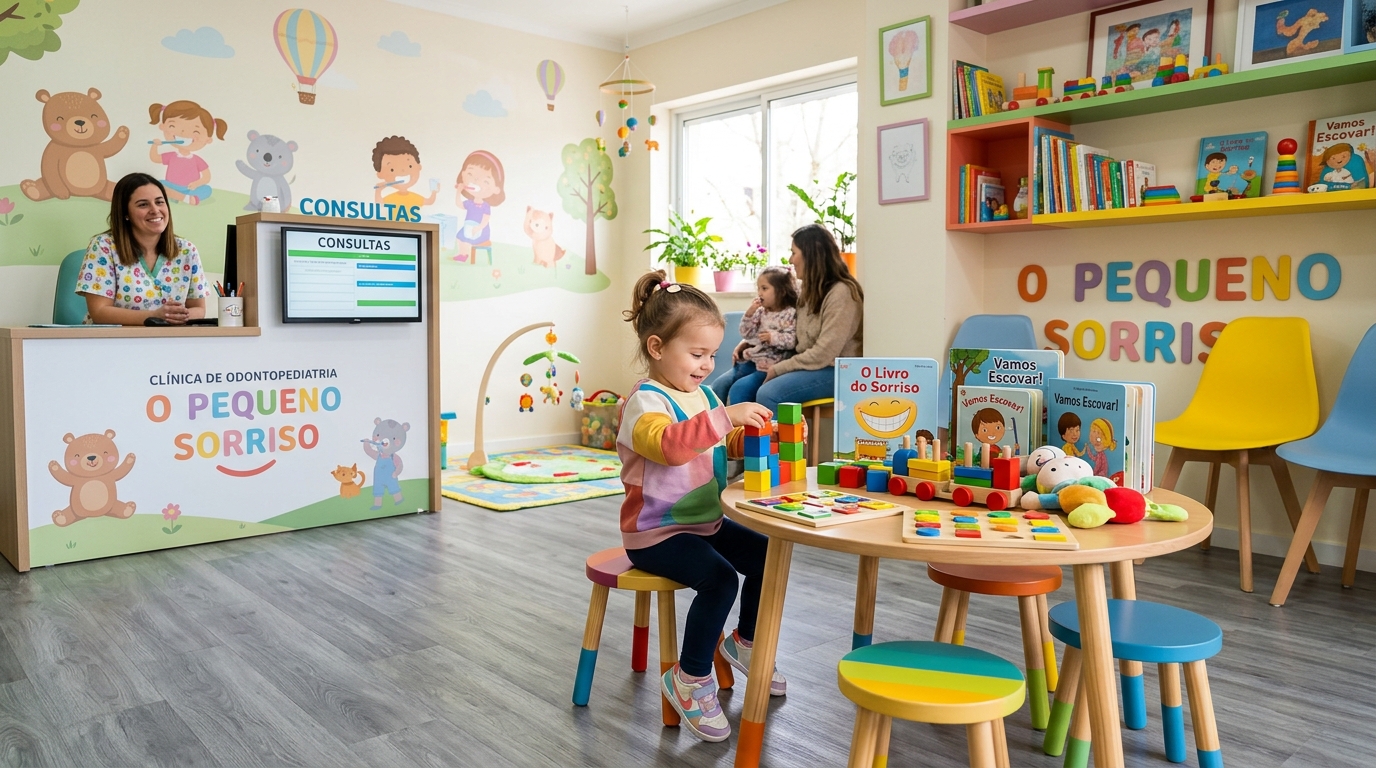 Receção de uma clínica de odontopediatria decorada com elementos lúdicos e coloridos, brinquedos e livros infantis dispostos numa mesa baixa, paredes com ilustrações suaves, e uma criança pequena sentada a brincar enquanto aguarda consulta