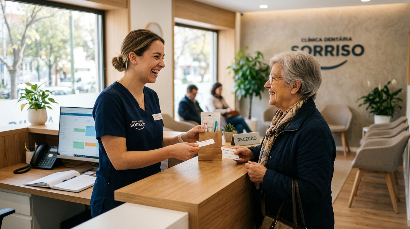 Fotografia de uma recepcionista a sorrir enquanto fala com um paciente na saída de uma clínica dentária, ambiente acolhedor e profissional, luz natural