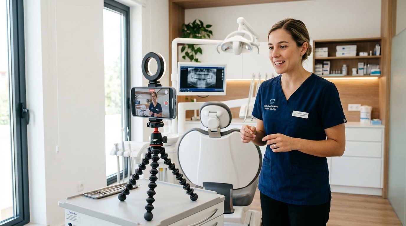 Fotografia de dentista jovem a gravar um vídeo curto no consultório com smartphone num tripé, ambiente moderno e profissional, luz natural