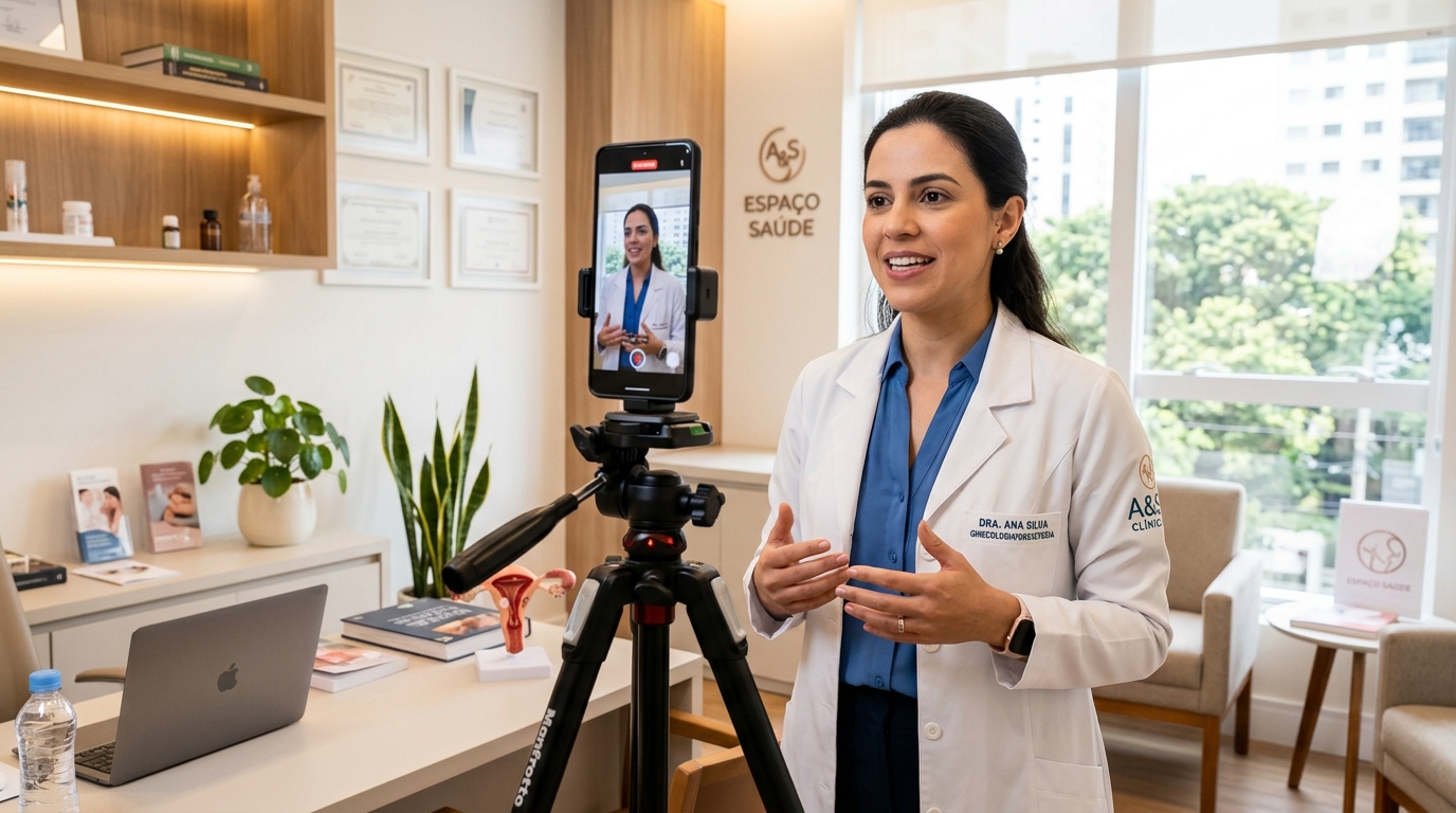 Profissional de saúde a gravar vídeo explicativo para redes sociais no consultório, com smartphone num tripé, ambiente clínico luminoso e moderno ao fundo