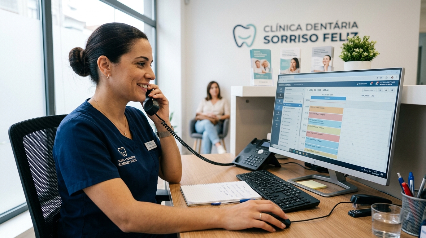 Rececionista de clínica dentária a atender uma chamada telefónica enquanto consulta o sistema de gestão no computador