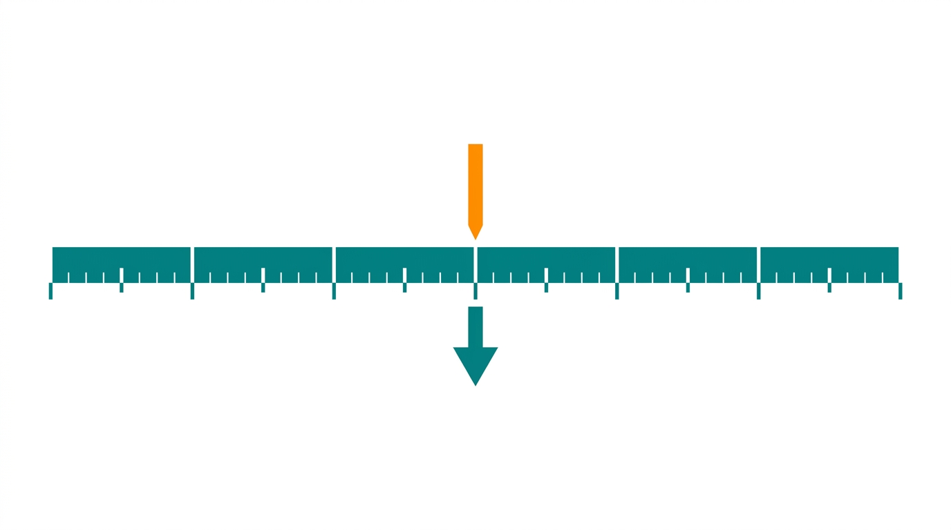 Flat vector diagram showing a horizontal timeline bar in teal (#008282) divided into 30-day segments, with an orange marker indicating the reference minimum price, and a teal arrow pointing to the current promotional price below it. No text, clean whitespace background, orthographic top-down view, 16:9