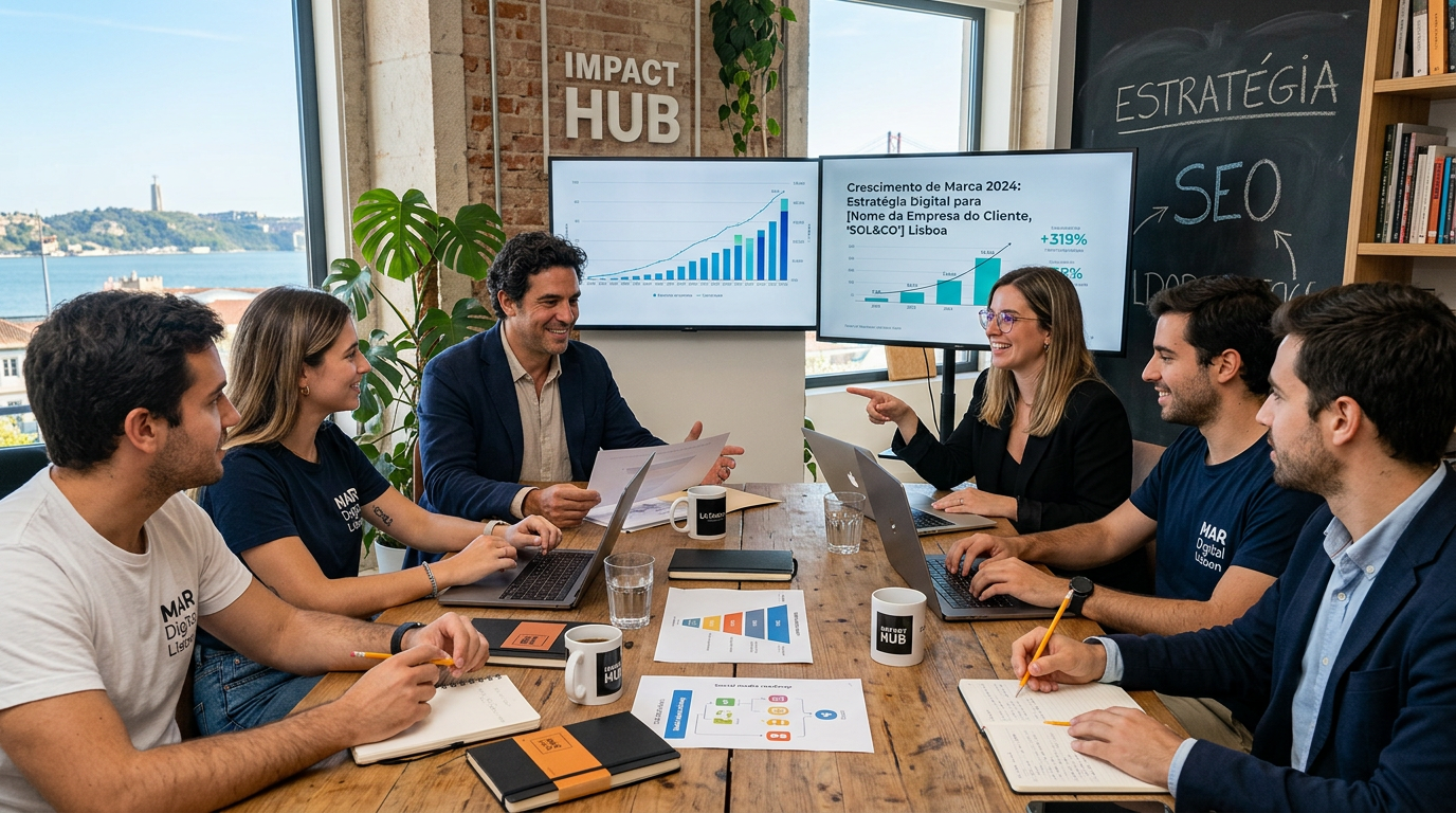 Fotografia de uma reunião estratégica entre uma equipa de agência de marketing digital e um cliente empresário, em espaço de trabalho contemporâneo em Lisboa
