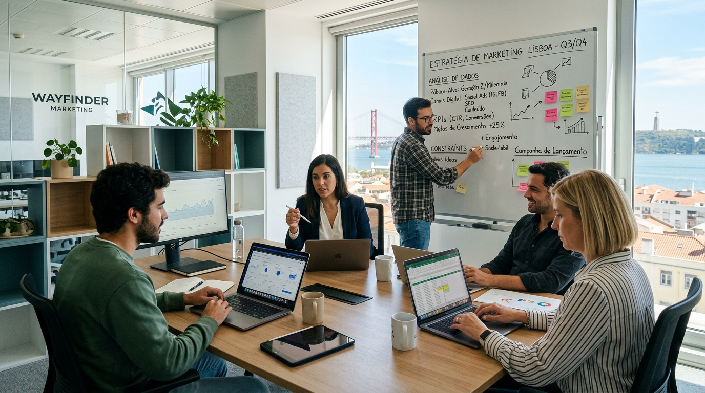 Fotografia de uma reunião de trabalho num escritório moderno em Lisboa, com profissionais de marketing a analisar dados em computadores e a discutir estratégias num quadro branco