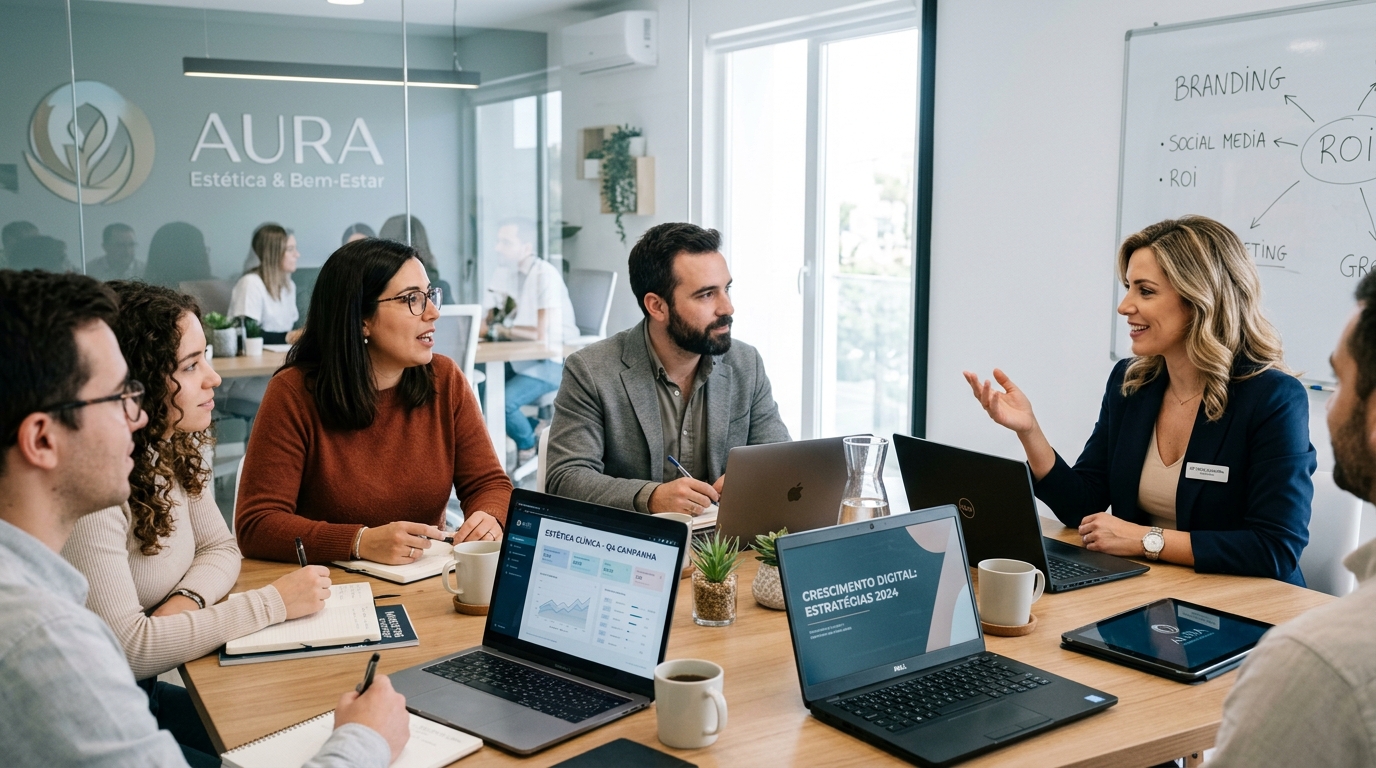 Fotografia de uma reunião profissional entre uma equipa de marketing e a responsável de uma clínica de estética, com computadores e materiais de apresentação na mesa, ambiente de trabalho moderno e colaborativo