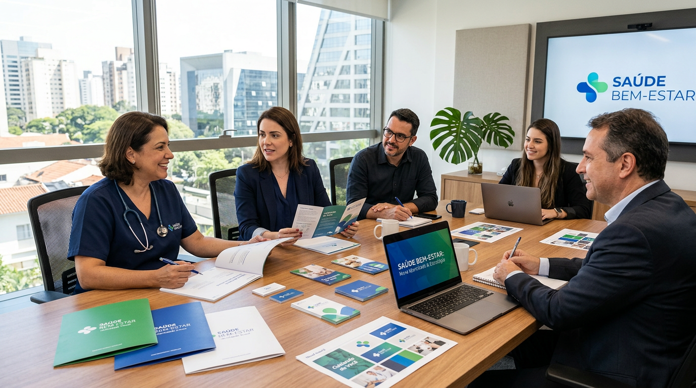 Fotografia de uma reunião de trabalho entre um profissional de saúde e consultores de marketing, com materiais de identidade visual sobre a mesa, numa sala iluminada e moderna