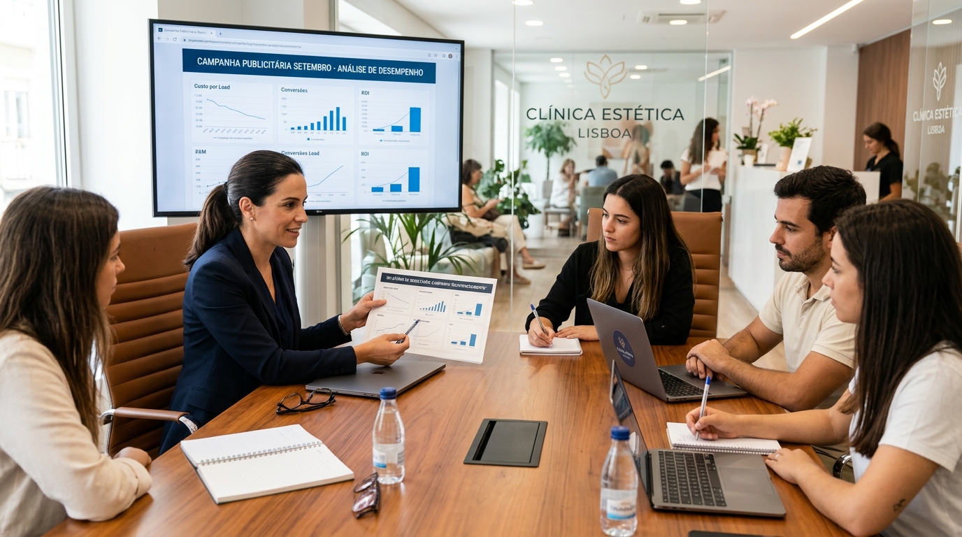 Gestor de clínica de estética a rever relatório de resultados de campanha publicitária numa reunião de equipa