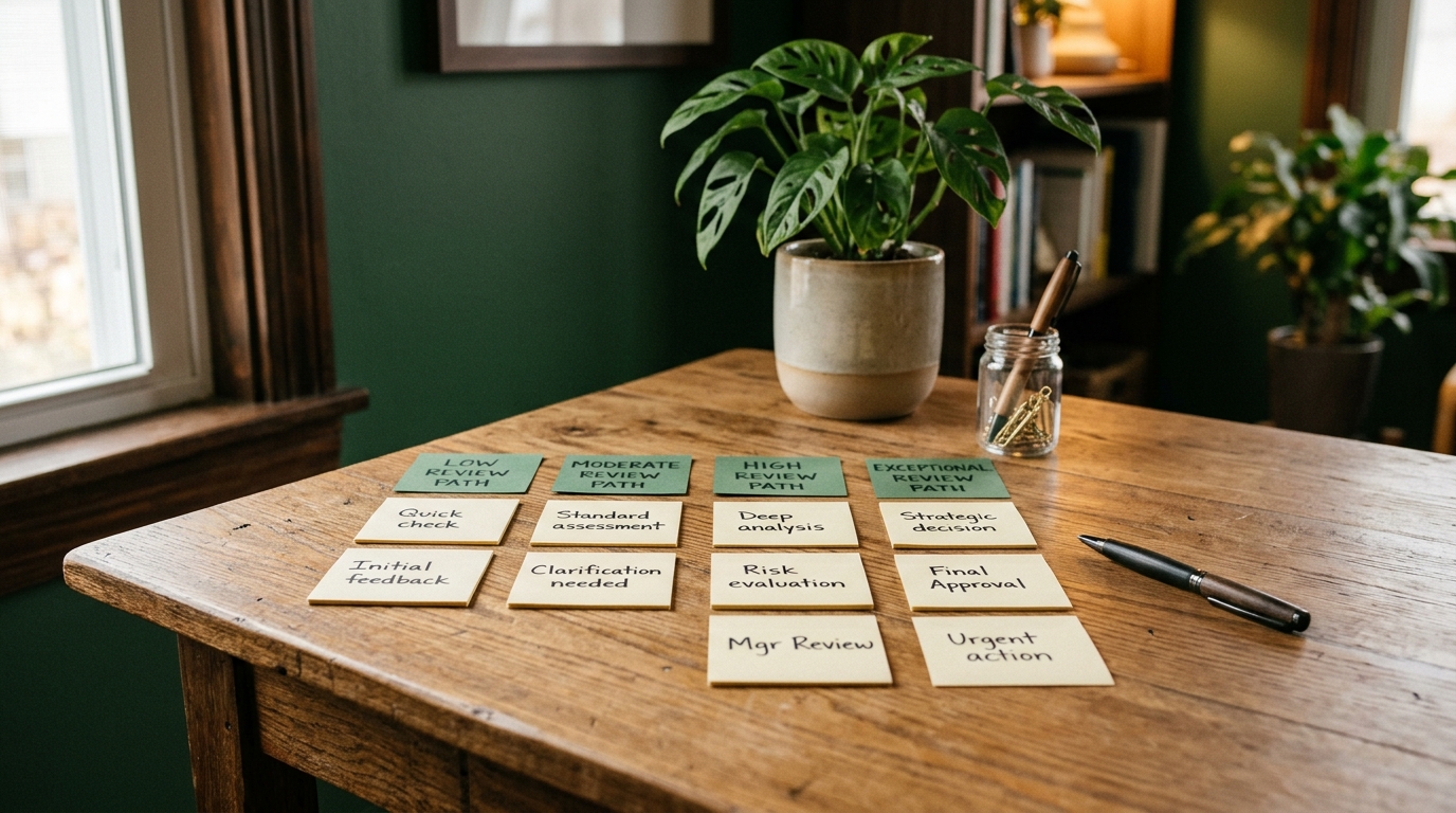 A tidy desk with sticky notes arranged in four columns representing low, moderate, high, and exceptional review paths, a pen resting beside them, warm natural light