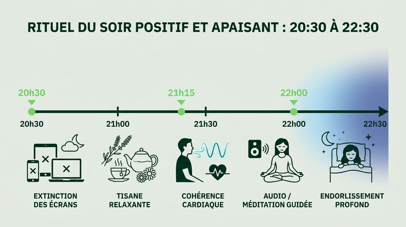Illustration scientifique horizontale représentant une ligne de temps du rituel du soir (de 20h30 à 22h30) avec des icônes minimalistes pour chaque étape : extinction écrans, tisane, cohérence cardiaque, audio/méditation, endormissement. Flèche de temps horizontale, couleur de fond #EBEFE8, icônes en #002B14, jalons positifs en #76DB5D, transition vers le sommeil marquée par une zone dégradée. IBM Plex Sans pour les labels.