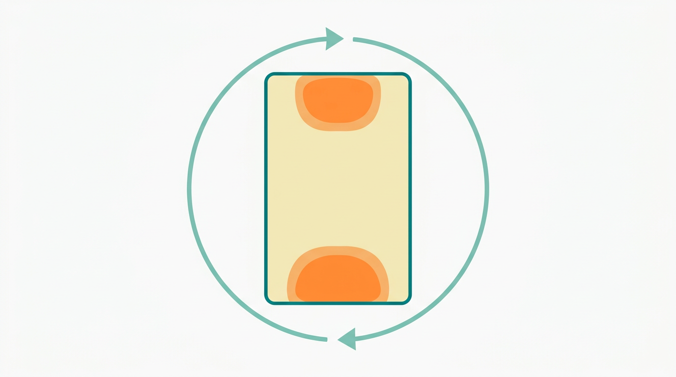 Flat vector top-down orthographic diagram showing a rectangular mattress shape (viewed from above) in #F2E8B8 outlined in #008282. A curved rotation arrow in #78C2B2 circles around the mattress perimeter indicating 180-degree longitudinal rotation. Two zones of slightly denser fill in #FF8A30 at the top-center and bottom-center of the mattress represent wear zones before rotation. Off-white (#F9F9F9) background, generous whitespace, no text, no gradient.