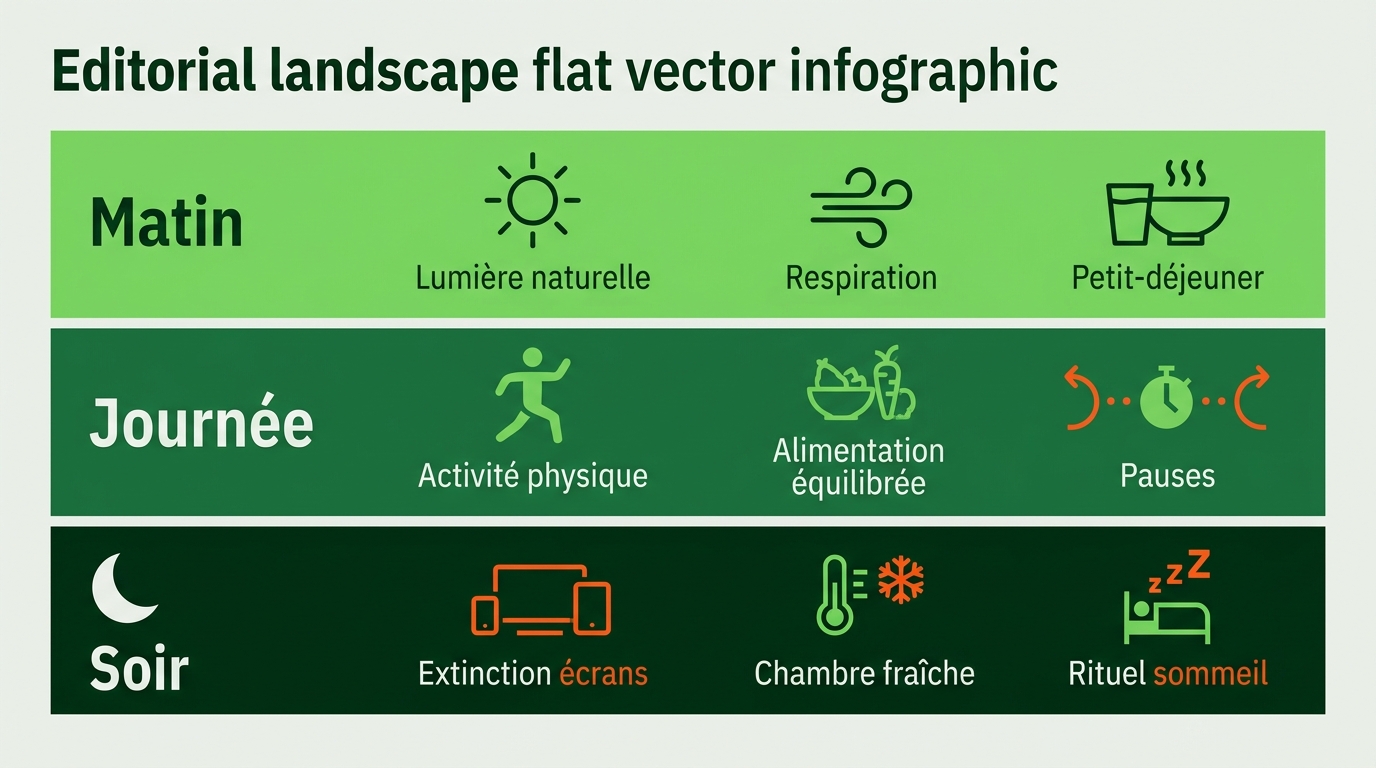 Infographie éditorial paysage flat vector structurée en trois blocs temporels horizontaux : Matin (icône soleil schématique, lumière naturelle, respiration, petit-déjeuner), Journée (icône activité physique, alimentation équilibrée, pauses), Soir (icône lune, extinction écrans, chambre fraîche, rituel sommeil). Fond #EBEFE8, couleurs de séparation progressive du vert (#76DB5D) vers le #002B14, accent orange #FE581B pour les éléments à éviter (écrans, stress). Textes très courts, icônes schématiques simples, typographie IBM Plex Sans Condensed.