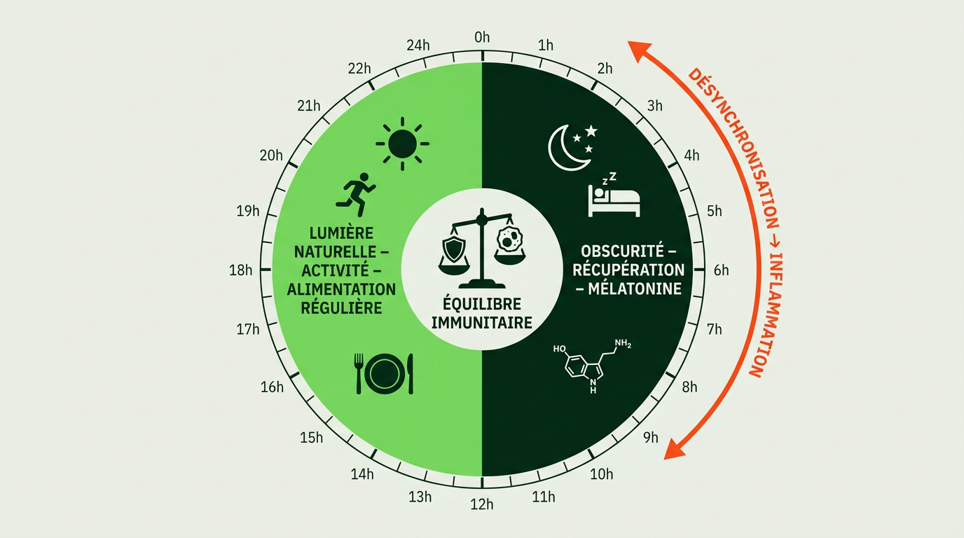 Diagramme scientifique éditorial en style flat vector représentant une horloge de 24h simplifiée divisée en deux demi-cercles : demi-cercle diurne (#76DB5D) montrant
