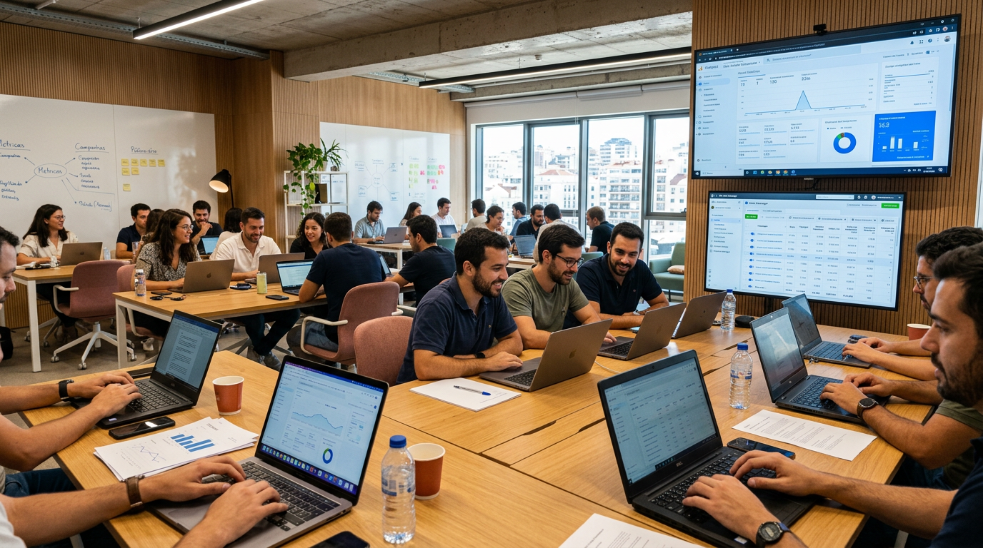 Fotografia de uma sala de formação moderna com participantes jovens e adultos a trabalhar em laptops, monitores com dashboards de Google Analytics e Meta Ads visíveis, ambiente colaborativo e contemporâneo