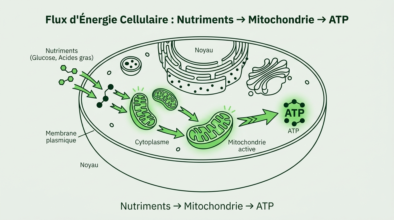 Diagramme scientifique en style vectoriel éditorial plat montrant une cellule en coupe transversale avec plusieurs mitochondries mises en valeur. Flux d'énergie représenté par des flèches stylisées allant des nutriments (glucose, acides gras) vers les mitochondries, puis vers une molécule d'ATP symbolique. Palette #EBEFE8 fond, lignes et formes en #002B14, accents actifs en #76DB5D pour les flux énergétiques. Légendes courtes en IBM Plex Sans : Nutriments → Mitochondrie → ATP. Format paysage, minimal, sans photorealisme.