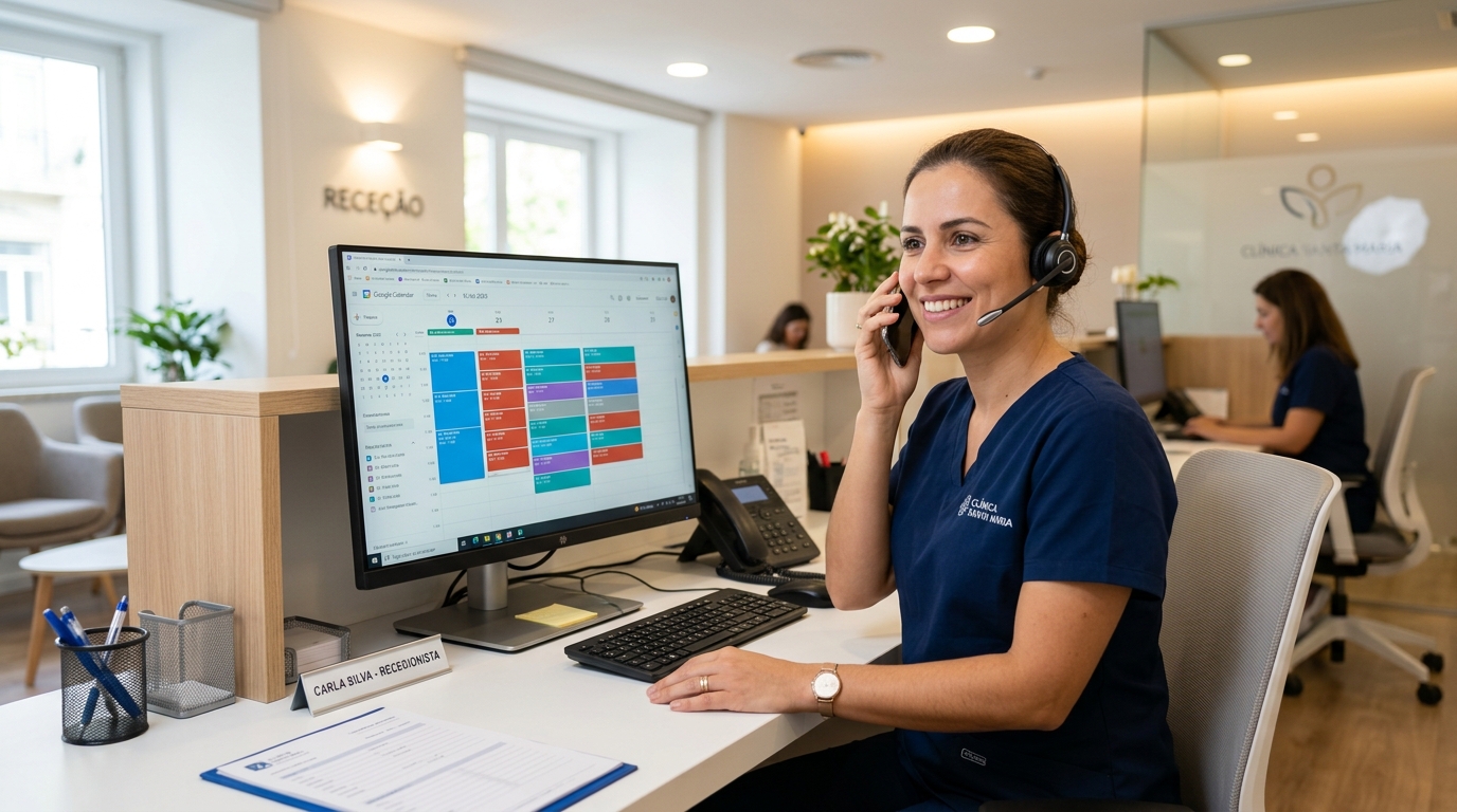 Fotografia de uma secretária numa clínica médica moderna e bem iluminada, ao telefone, com um sorriso profissional, com um computador à sua frente mostrando uma agenda digital, transmitindo organização e acolhimento