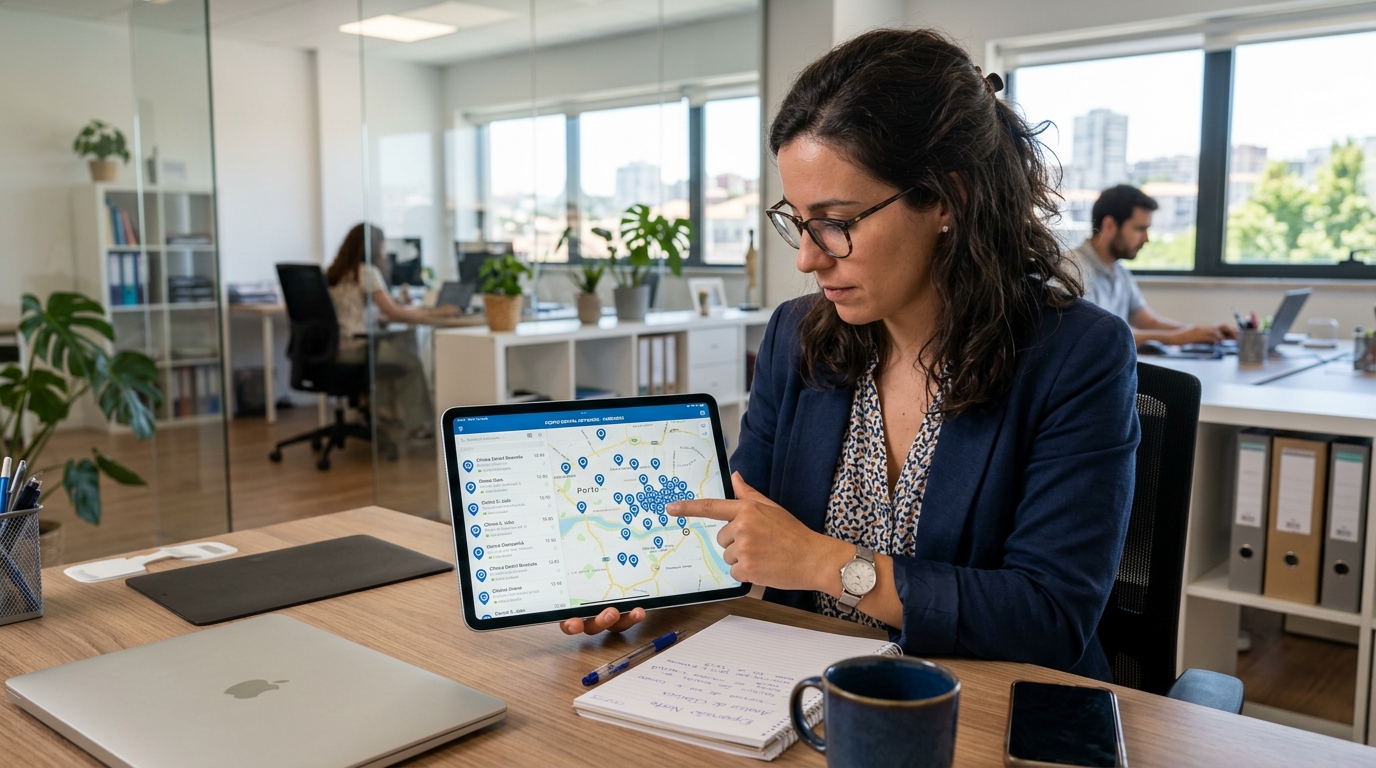 Fotografia de uma pessoa a analisar um mapa digital num tablet com marcadores de localização de clínicas dentárias visíveis no ecrã, secretária moderna com material de trabalho em segundo plano, ambiente de escritório contemporâneo