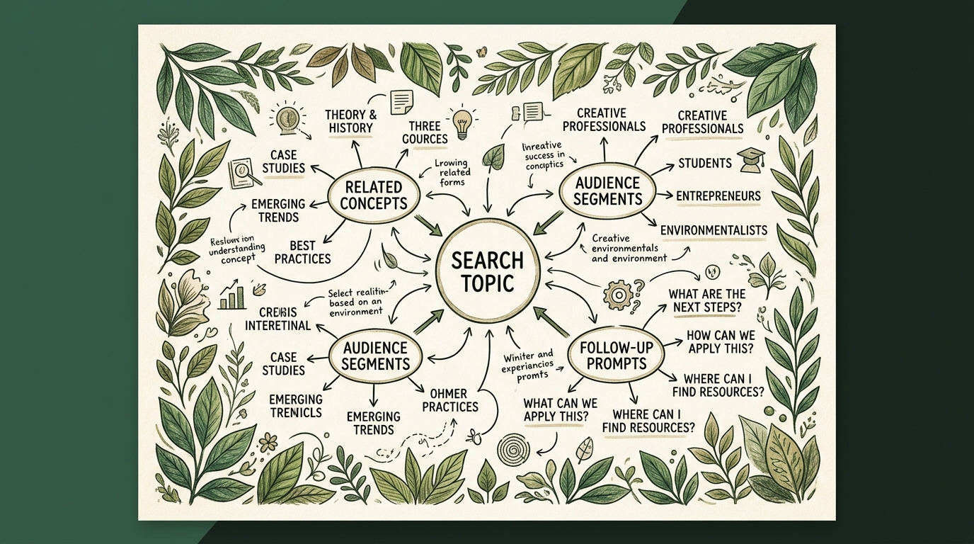 A hand-drawn diagram on cream paper connecting a central search topic to related concepts, audience segments, and follow-up prompts, surrounded by green leaves
