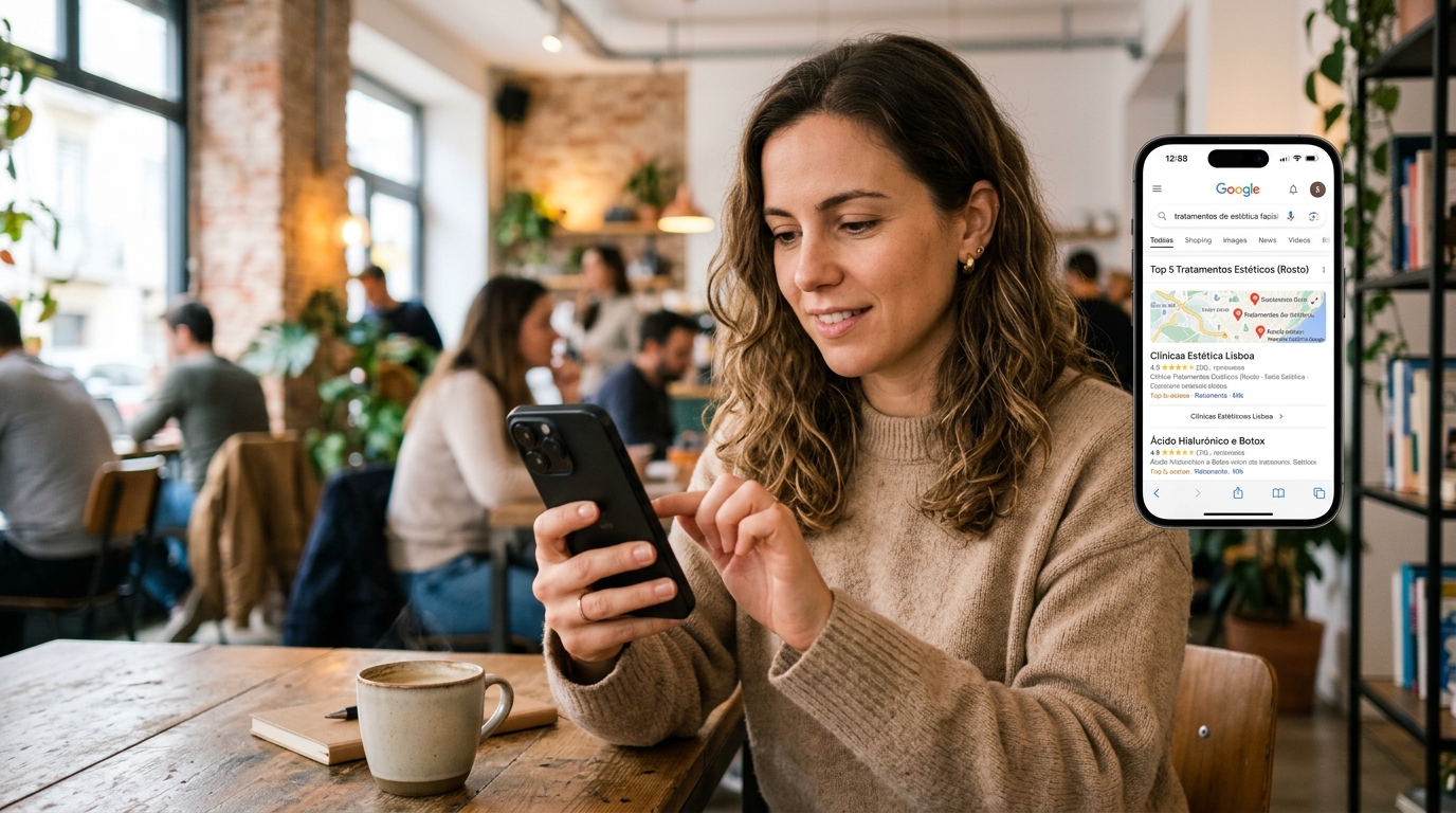 Pessoa a usar smartphone para pesquisar tratamentos de estética no Google, com interface de pesquisa visível no ecrã, ambiente casual e moderno