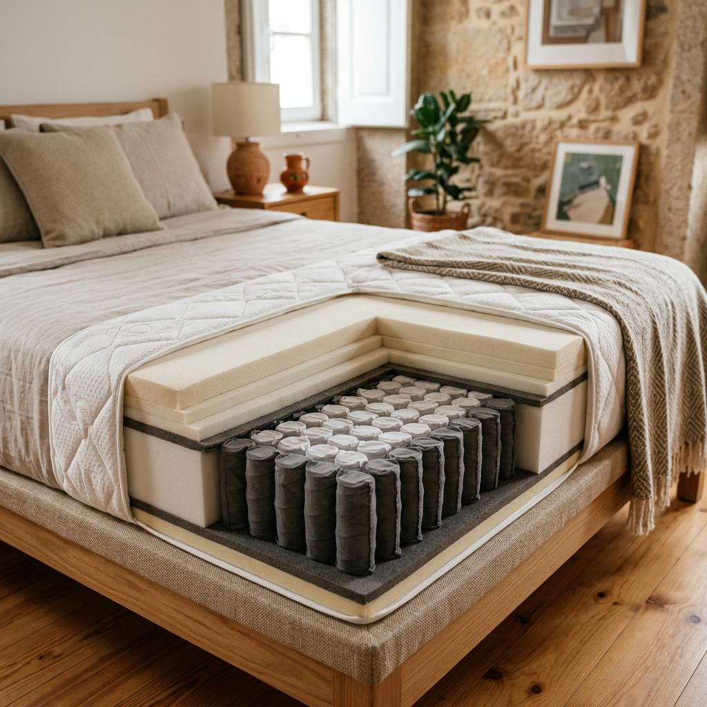 Uma imagem mostrando a estrutura interna de um colchão de qualidade, com as diferentes camadas visíveis, incluindo molas ensacadas, espuma viscoelástica e revestimento premium