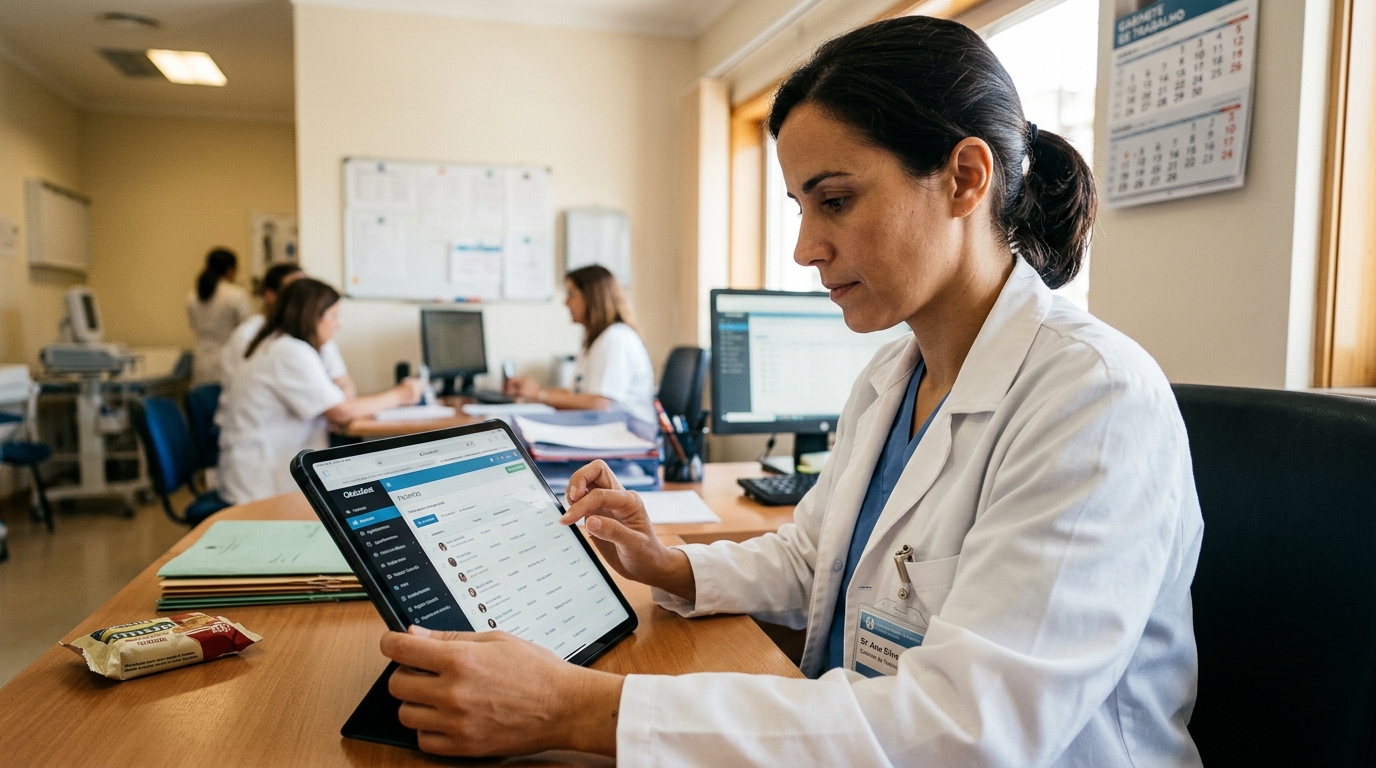 profissional de clínica a consultar um sistema de gestão de pacientes num tablet numa sala de trabalho