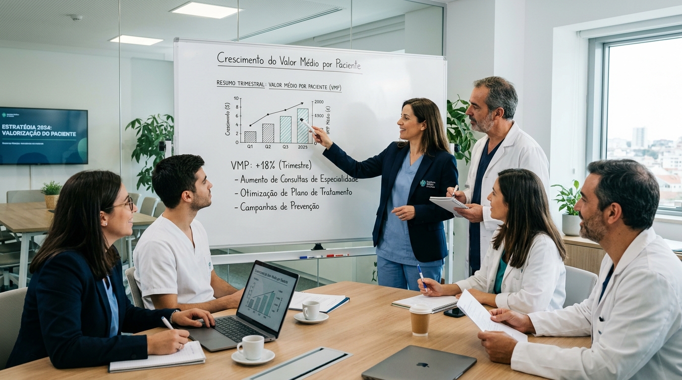 equipa de clínica em reunião a analisar num quadro os resultados de crescimento do valor médio por paciente