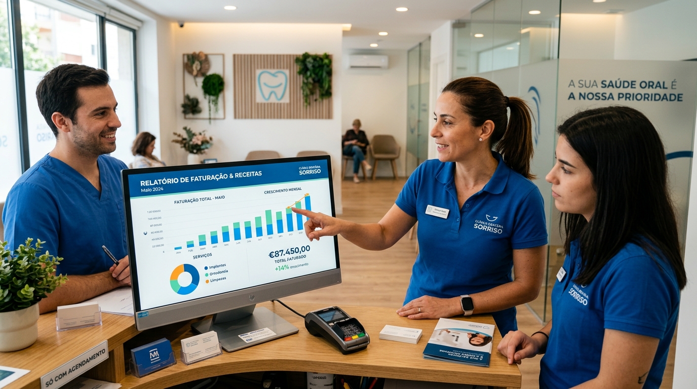 equipa de clínica dentária a analisar um gráfico de faturação num ecrã de computador na recepção