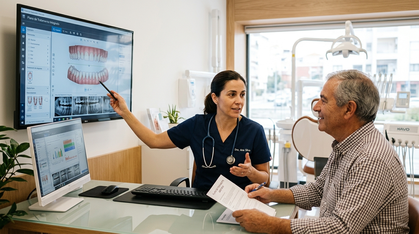 dentista a explicar um plano de tratamento completo a um paciente numa clínica moderna e bem iluminada