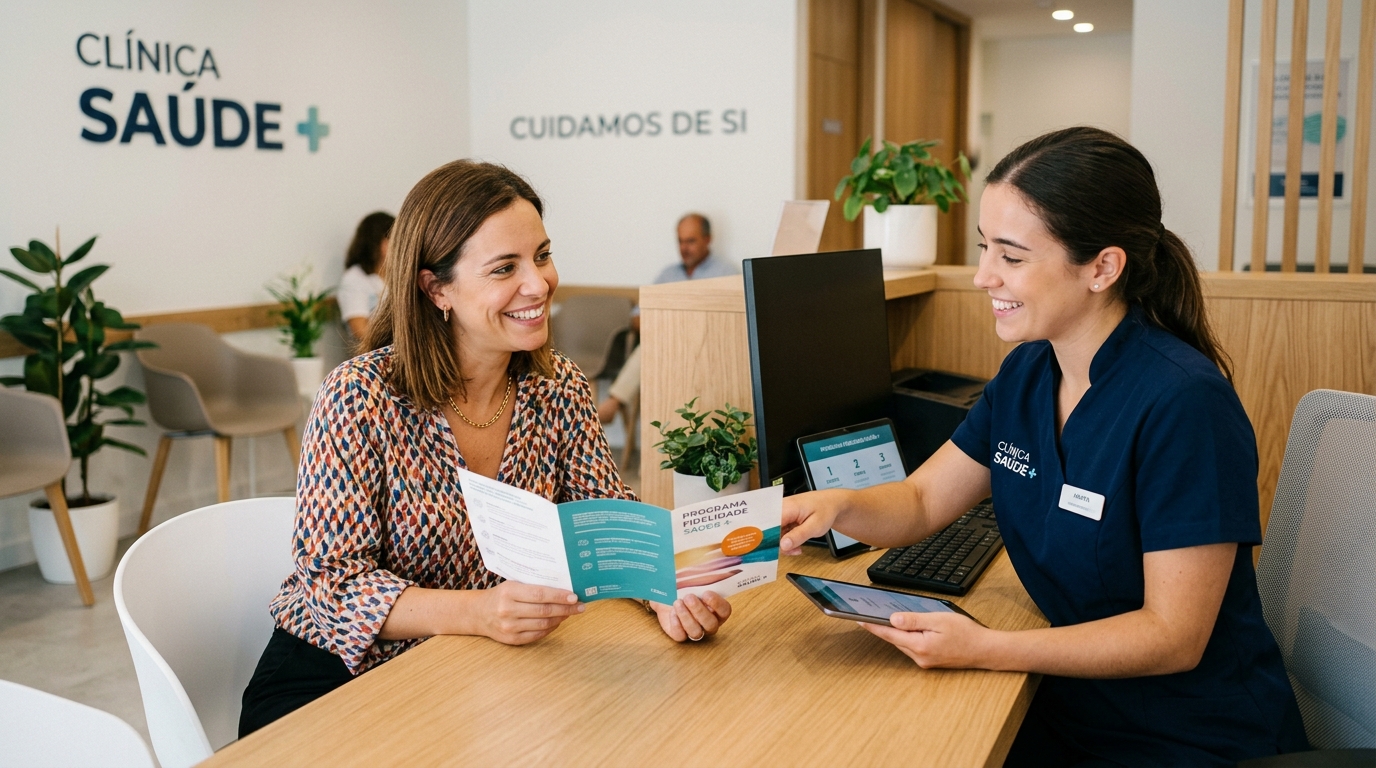 paciente sorridente a receber informação sobre um programa de fidelidade na recepção de uma clínica