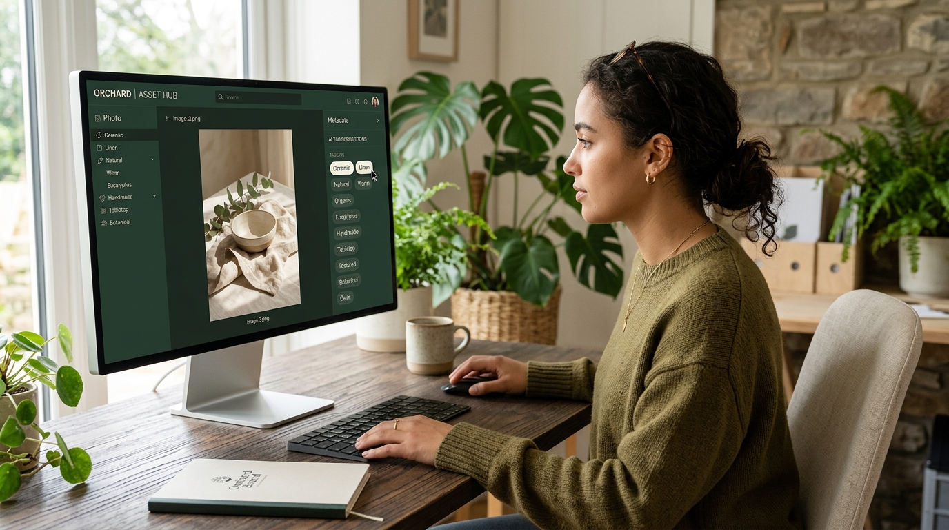marketing team member reviewing AI-suggested metadata tags on a photo in a digital asset management interface