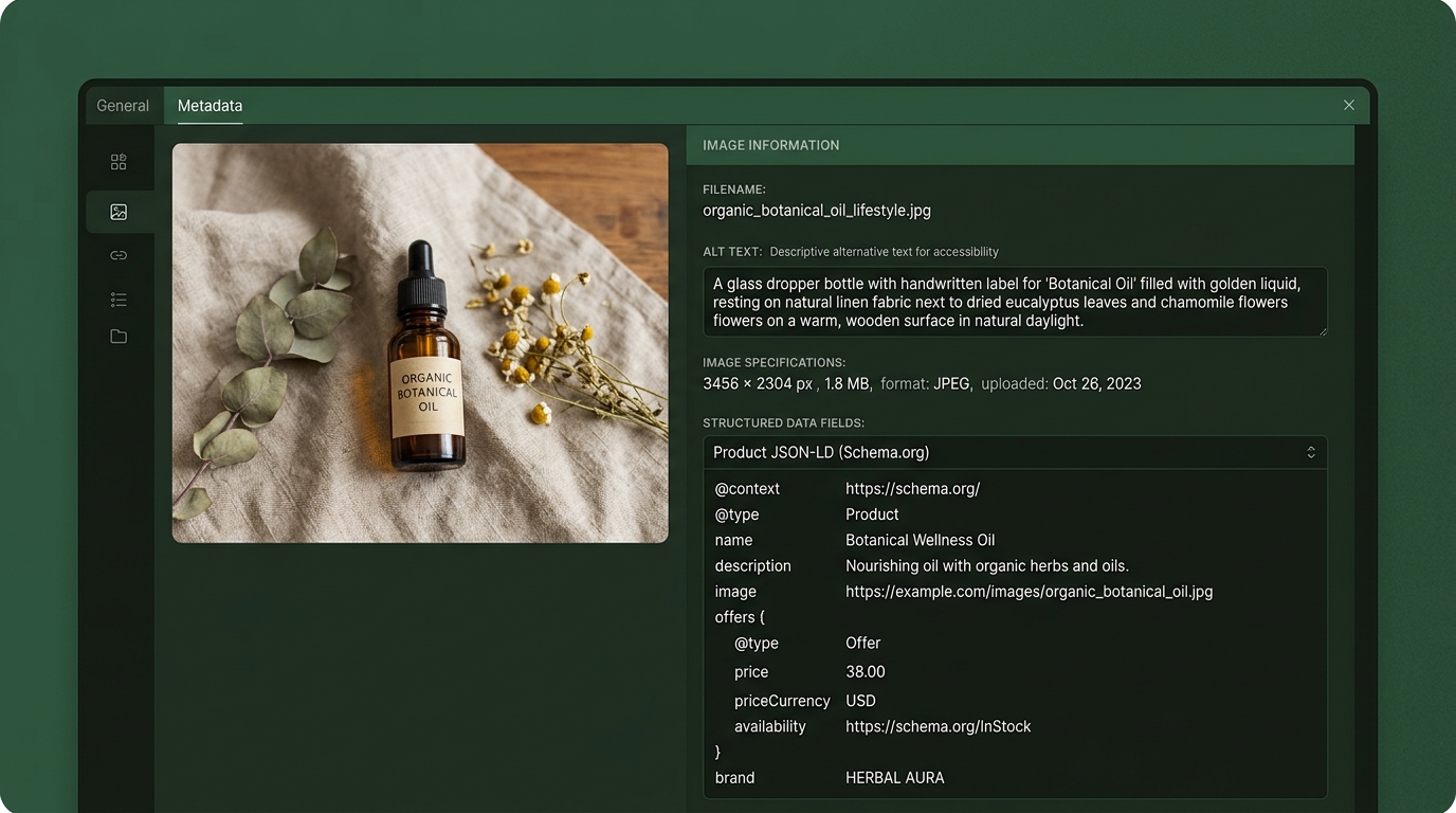 close-up of an image metadata panel showing alt text, filename, and structured data fields for a product photo