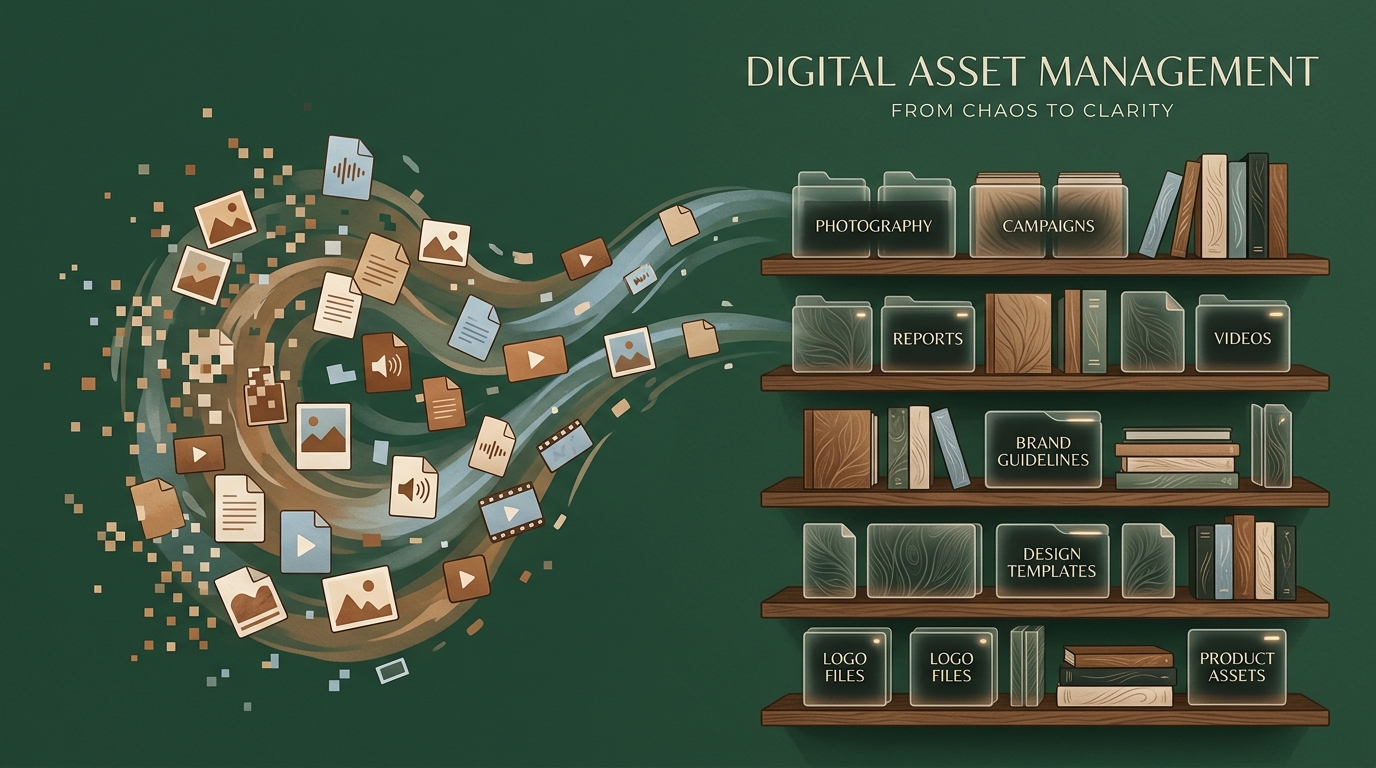disorganized digital files transitioning into a neatly labeled asset library shelf, symbolizing digital asset management