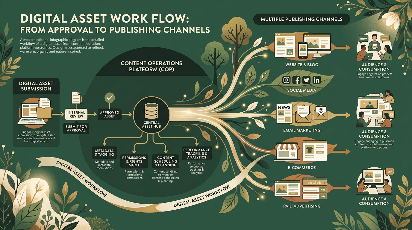 workflow diagram showing a digital asset moving from approval through a content operations platform to multiple publishing channels