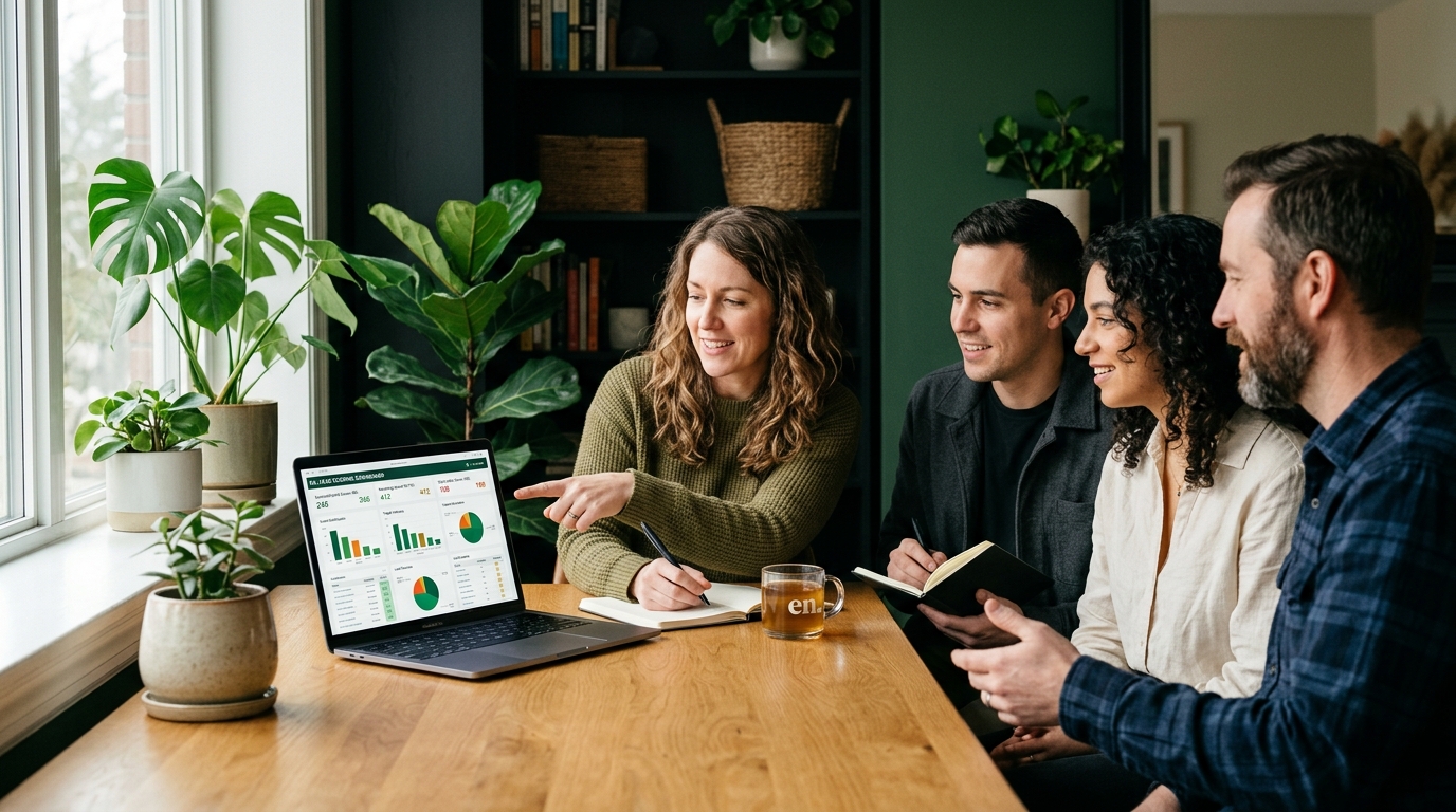 marketing team reviewing a lead scoring dashboard with segmented prospect lists on a laptop screen