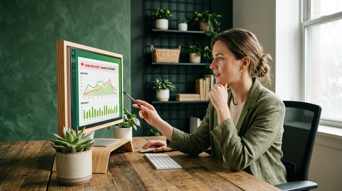 customer success manager reviewing a churn risk alert alongside account usage trends on screen
