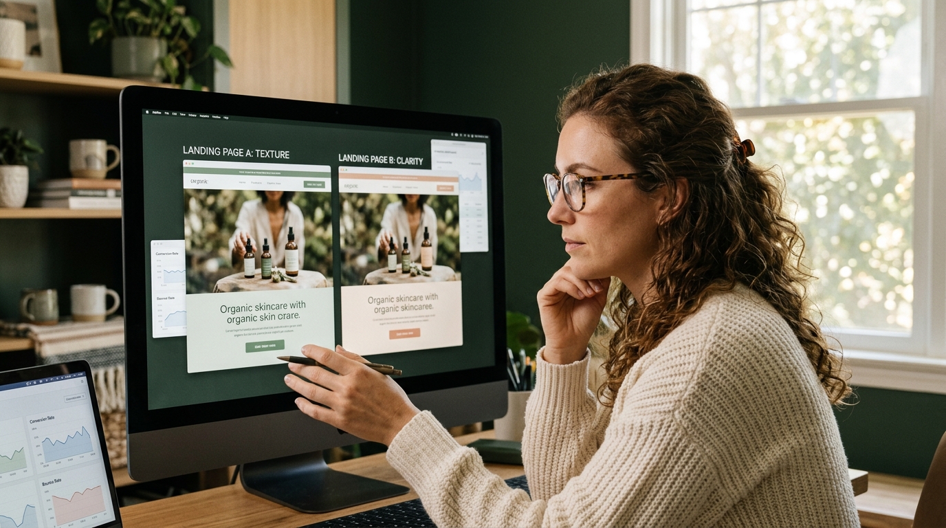 analyst comparing two versions of a landing page during an A/B test on a desktop monitor
