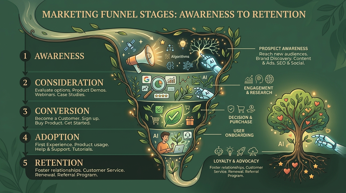 marketing funnel stages diagram from awareness to retention with AI icons at each stage