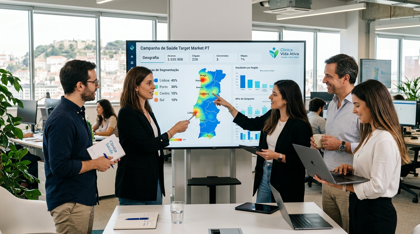 Equipa de marketing a analisar um painel de campanha com mapa de segmentação geográfica de uma clínica