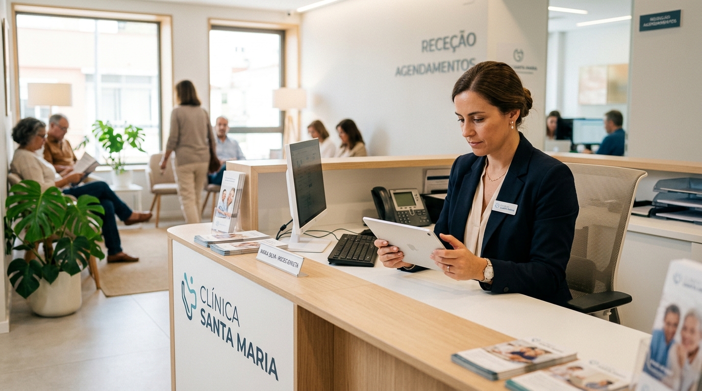 Rececionista de uma clínica a consultar um sistema de agendamento e CRM num tablet na área de receção