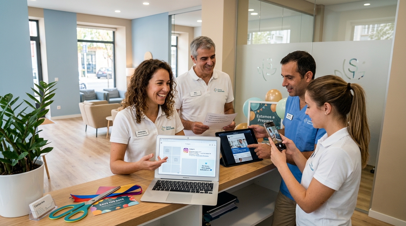 Equipa de uma clínica a preparar publicações de inauguração para Instagram e Facebook num espaço de receção