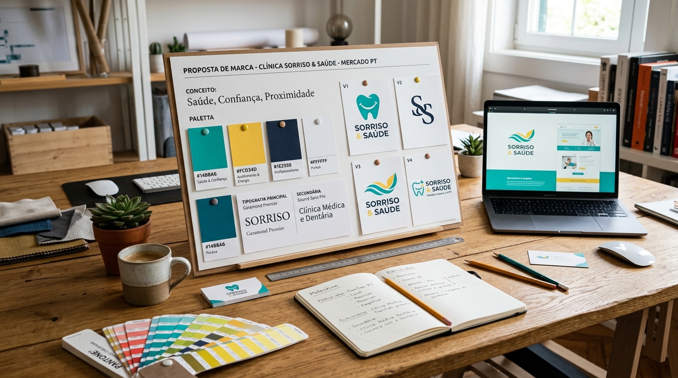 Mesa de trabalho com amostras de paleta de cores, tipografia e protótipos de logótipo para uma clínica