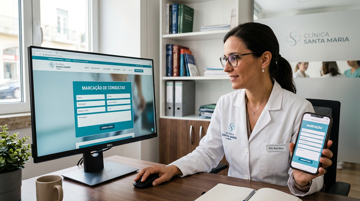 Profissional de saúde a rever o website da clínica com formulário de marcação num computador e num smartphone