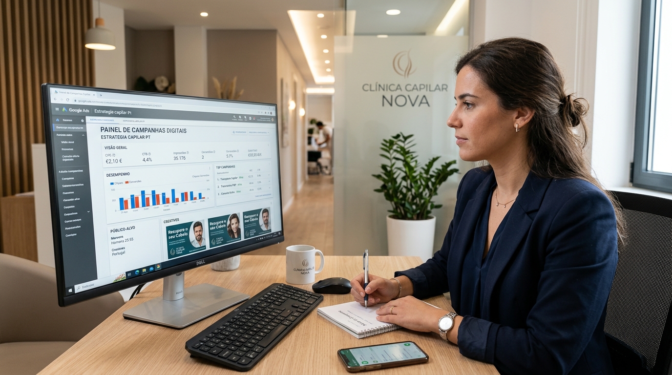 painel de campanhas publicitárias digitais mostrado num computador numa clínica capilar