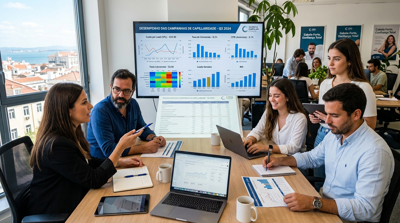 equipa de marketing a analisar gráficos de desempenho de campanhas para clínica capilar