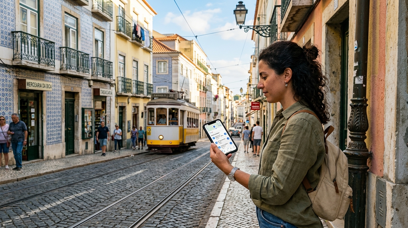 Fotografia de uma pessoa a utilizar um smartphone com o Google Maps aberto, mostrando resultados de clínicas próximas, numa rua de Lisboa com elementos urbanos portugueses reconhecíveis