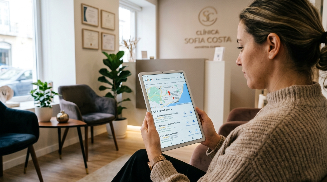 Fotografia de um tablet ou smartphone a mostrar resultados de pesquisa local no Google para clínicas de estética, com o Google Maps visível no ecrã, ambiente de consultório ao fundo