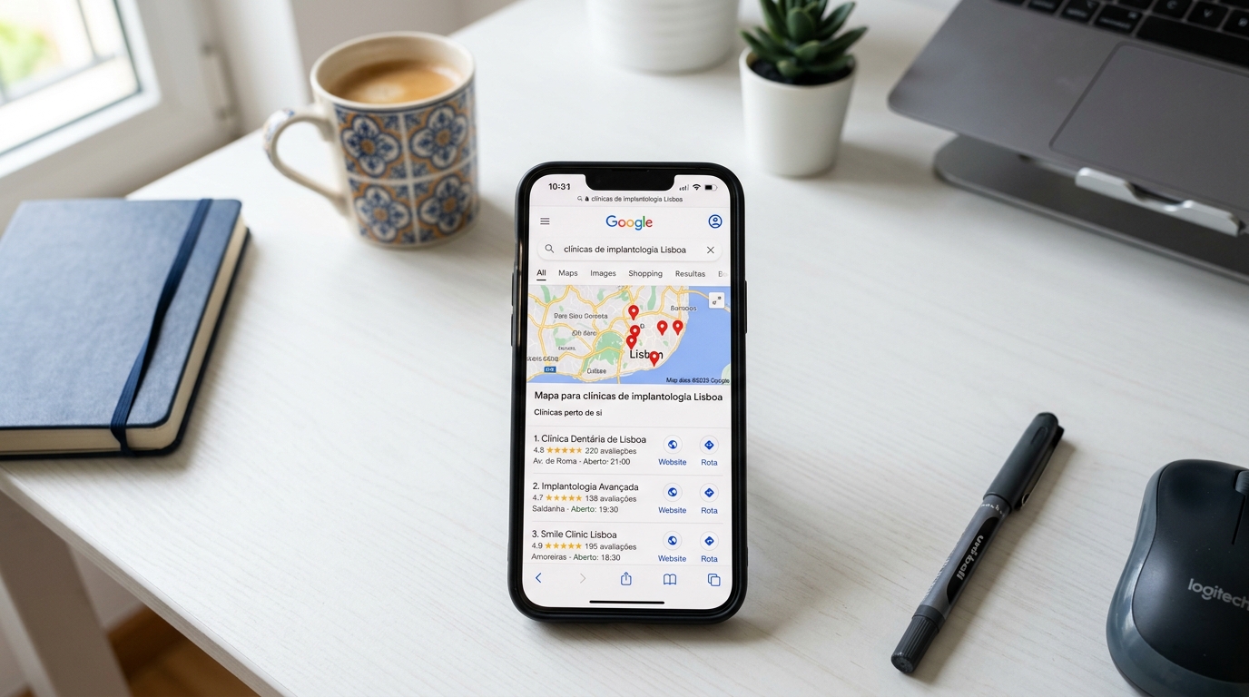 Fotografia de um smartphone em cima de uma secretária branca a mostrar resultados de pesquisa no Google para clínicas de implantologia em Lisboa, com o Google Maps Pack visível no ecrã