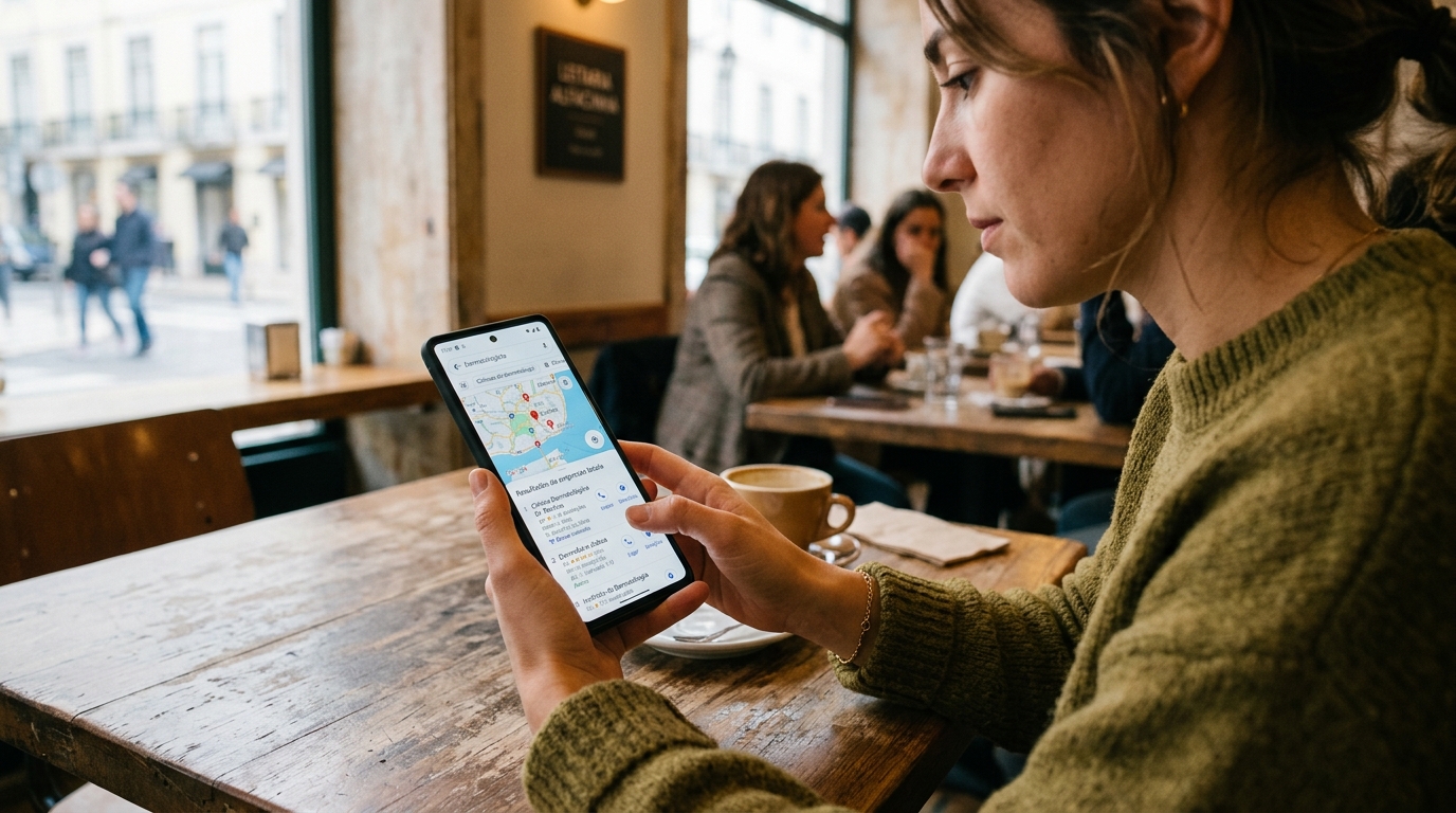 Fotografia de uma pessoa a usar um smartphone para pesquisar clínicas de dermatologia no Google Maps, com resultados de empresas locais visíveis no ecrã